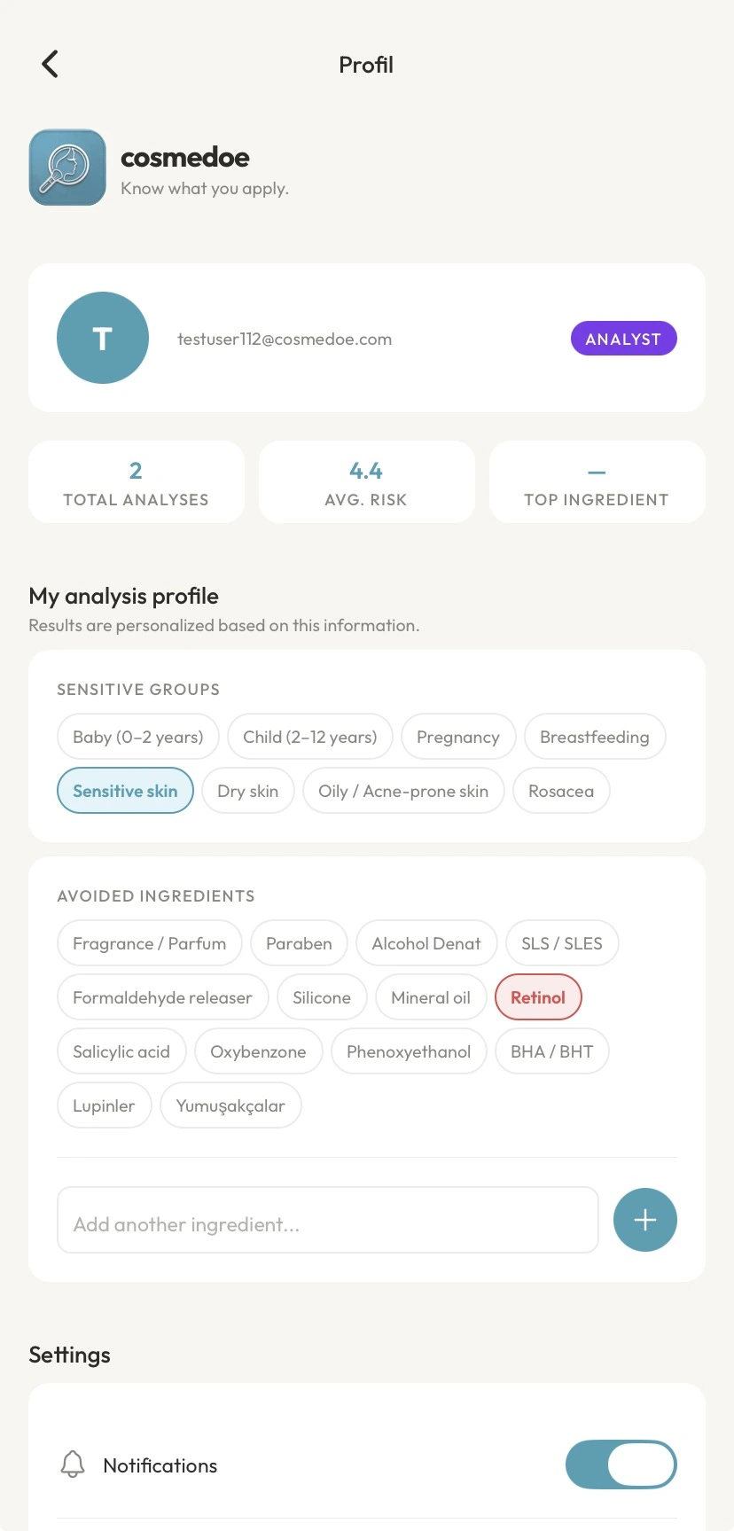Profile screen